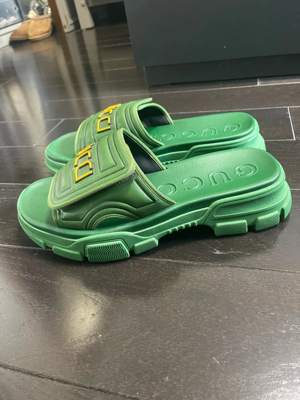 Gucci Green Slide Sandals with Yellow Logo Accent - Picture 2 of 10